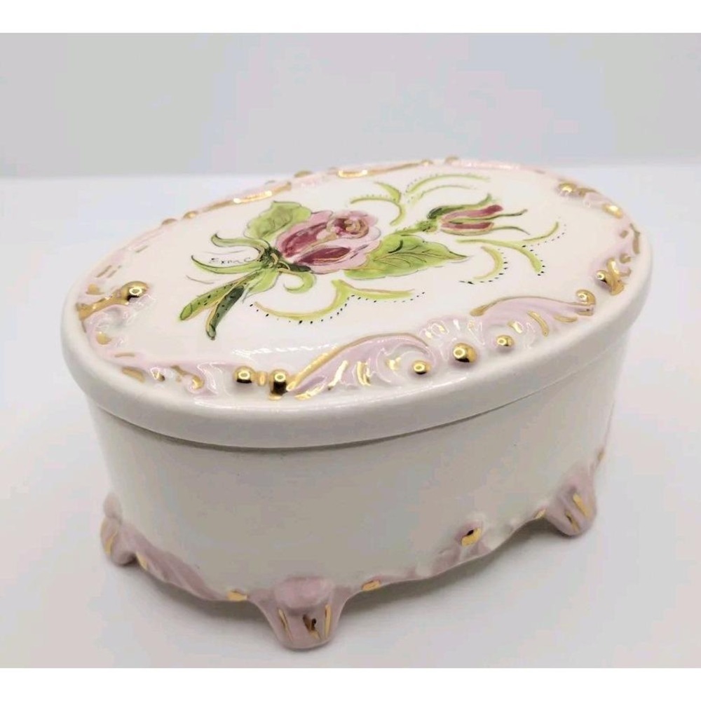 Vintage Hand Painted Rose Ceramic Trinket Box Gold Gilt Footed Jewelry Dish Oval
